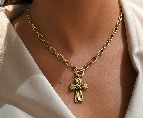 gold plated 17" Chain and toggle with Repurposed French ribbon cross pendant