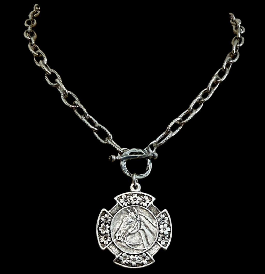 Vintage Silver 18" Chain and Toggle With Reproduction Silver Horse Flower Pendant
