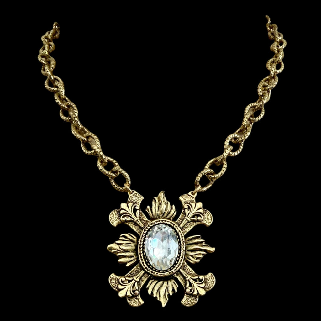 Gold Plated 17" Chain with Repurposed Fleur de lis and Swarovski Crystal Pendant