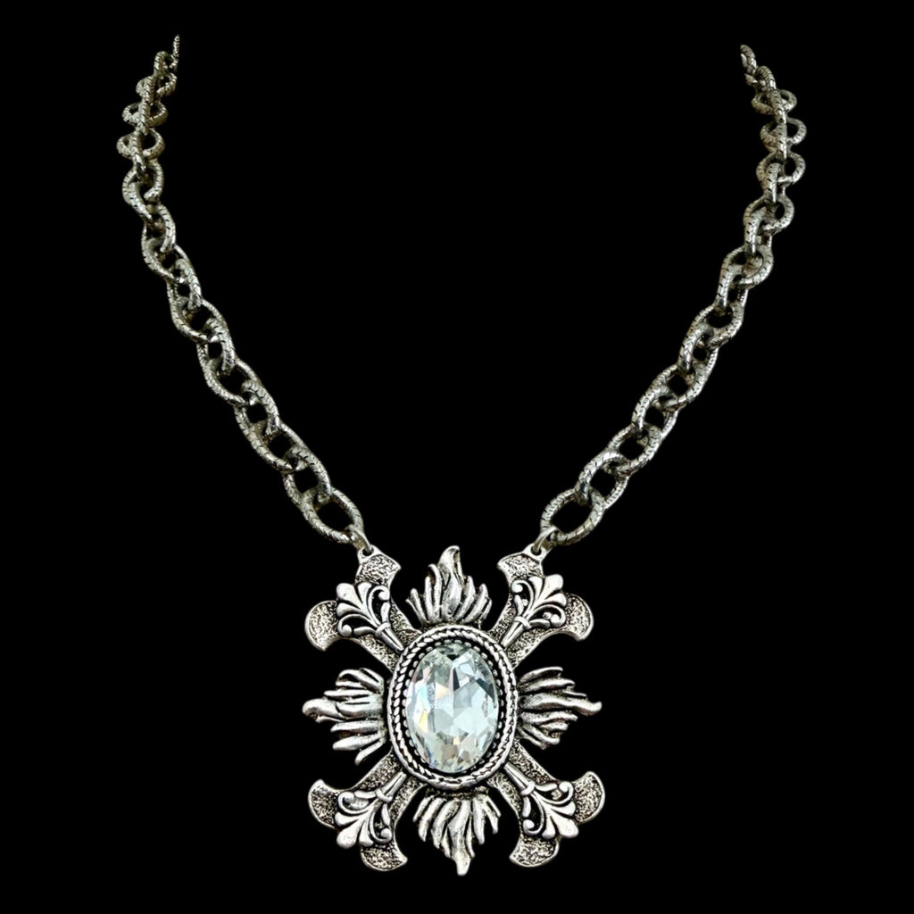 Sterling Plated 17" Chain with Repurposed Fleur de lis and Swarovski Crystal Pendant