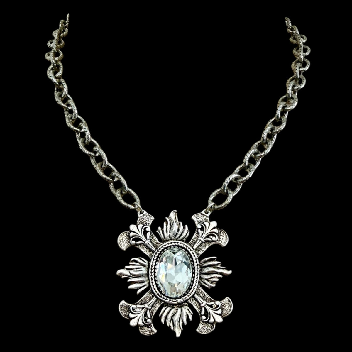 Sterling Plated 17" Chain with Repurposed Fleur de lis and Swarovski Crystal Pendant