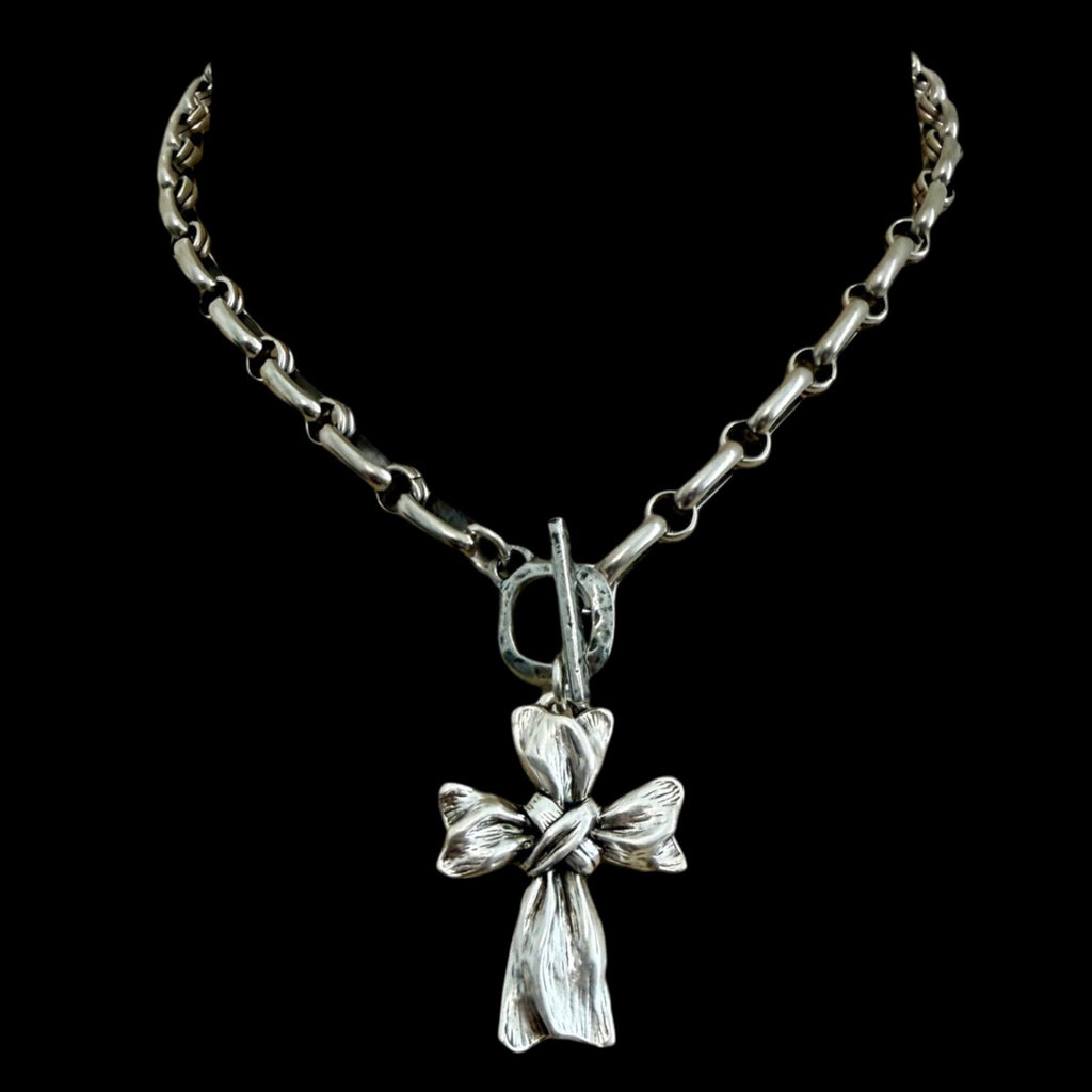 Sterling plated 17" Chain and toggle with Repurposed French ribbon cross pendant