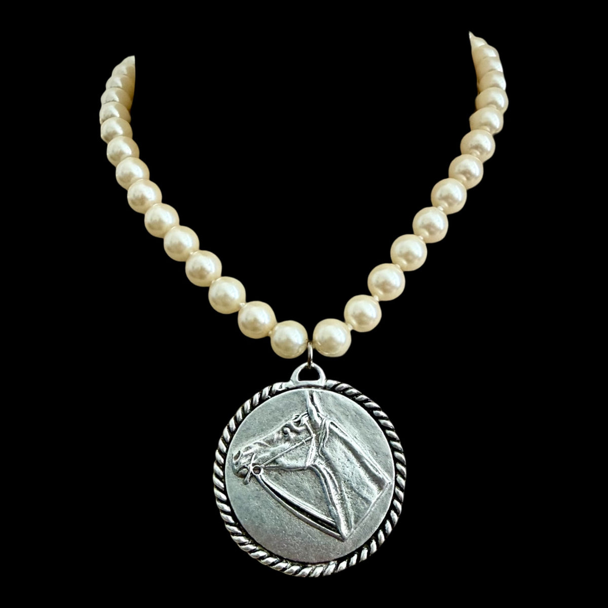 vintage faux Pearl necklace w/ Vintage reproduction Sterling Plated Horse Pendant
