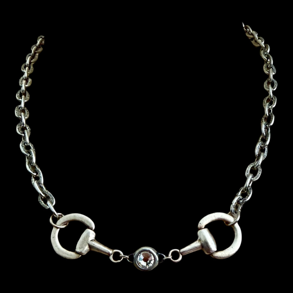 Vintage Sterling Plated Reproduction Horse Bit and Crystal Necklace