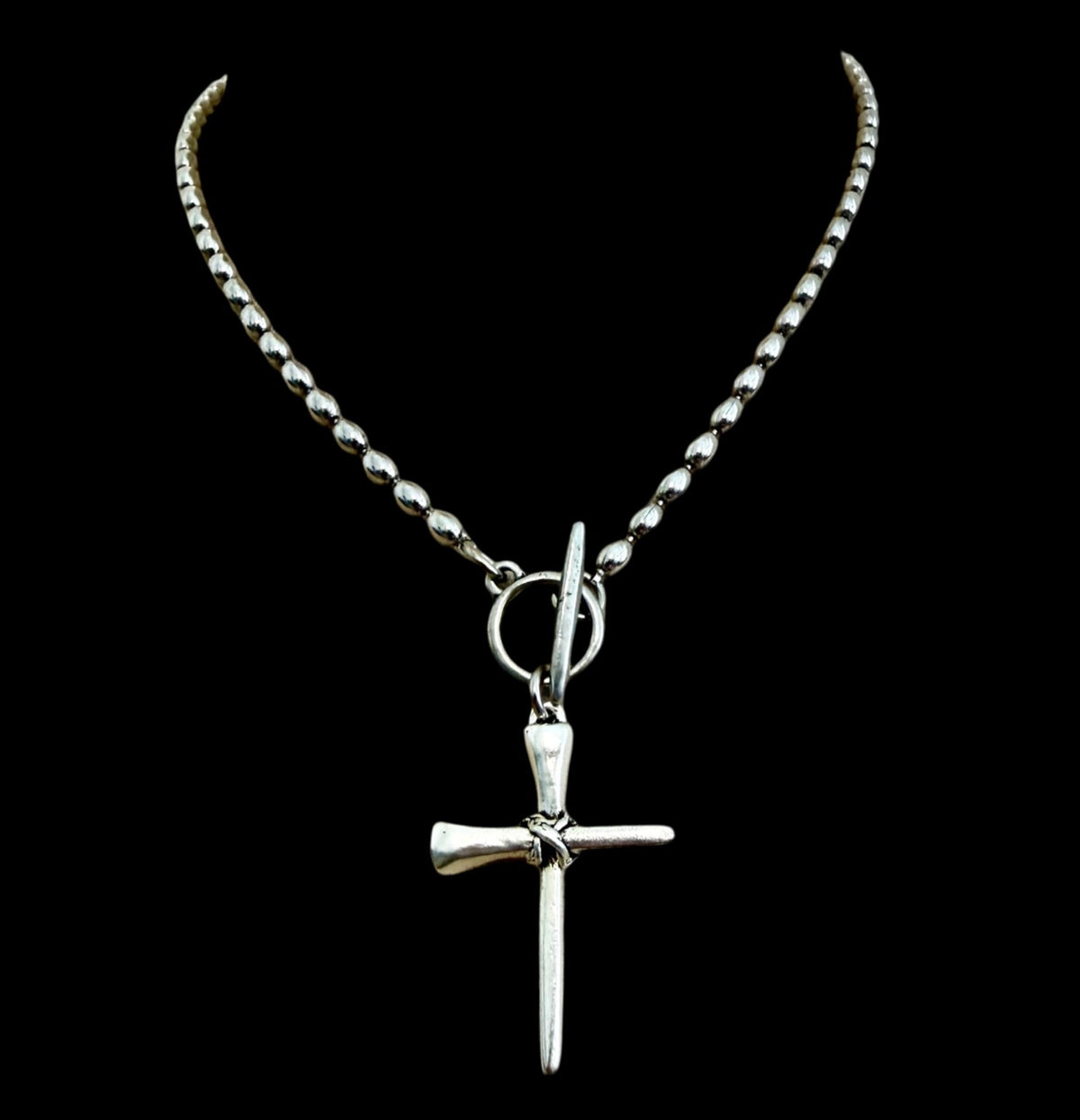 vintage Sterling Plated oval bead Chain With horseshoe nail Cross Pendant