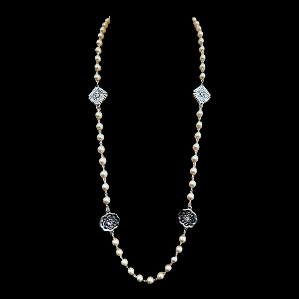 Vintage Reproduction Silver Charm & Pearl Necklace