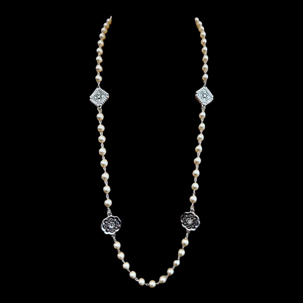 Vintage Reproduction Silver Charm & Pearl Necklace